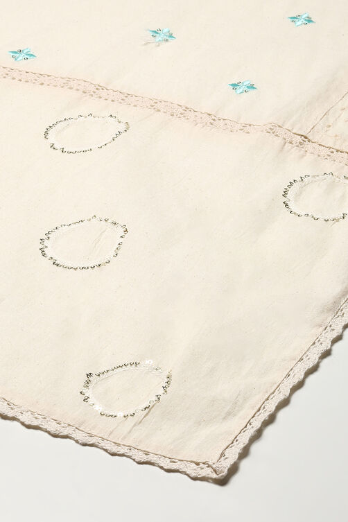 Off White Cotton Schiffly Unstitched Suit Set image number 4