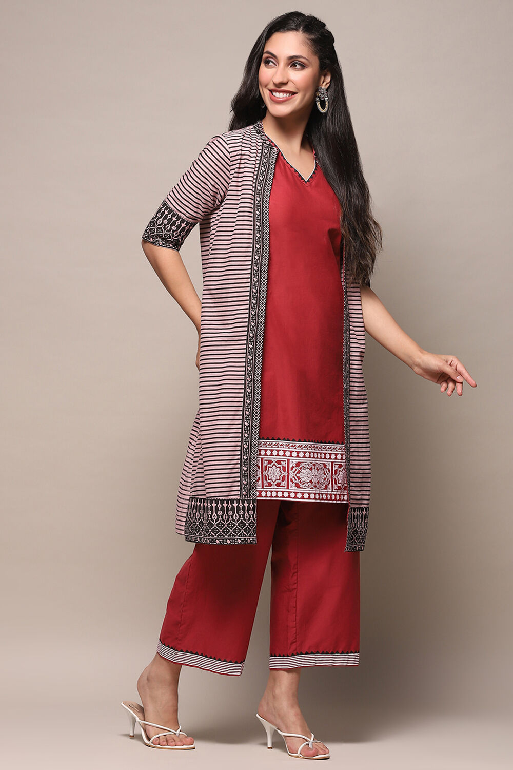 Maroon Cotton Printed Kurta & Palazzo Suit Set image number 6