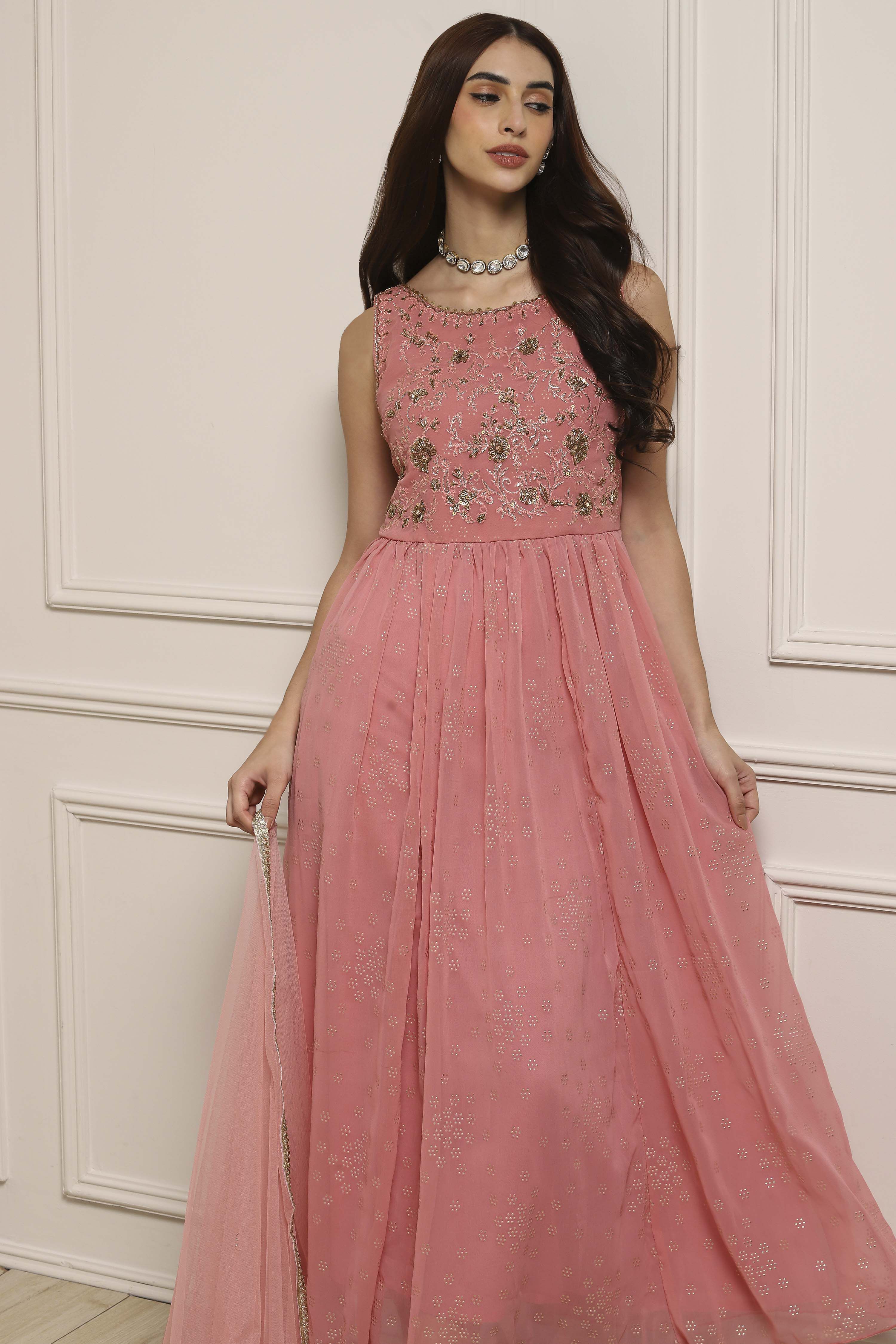 Blush Pink Polyester Flared Solid Dress image number 5