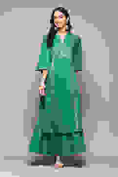 Green Cotton Flared Printed Kurta image number 6