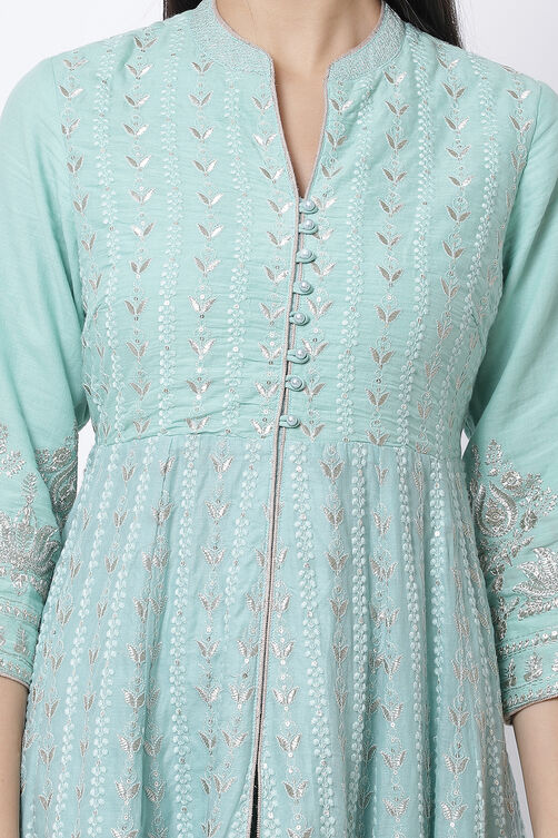 Mint Green Cotton Anarkali Kurta Lehenga Suit Set image number 1