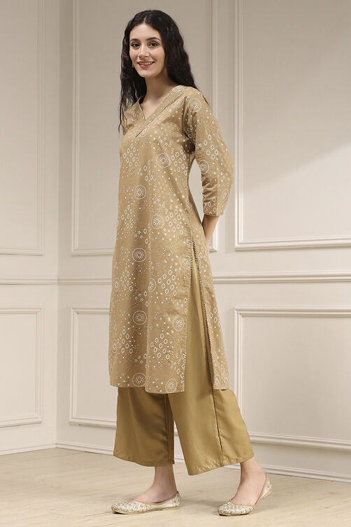 Beige Cotton Printed Straight Kurta image number 2