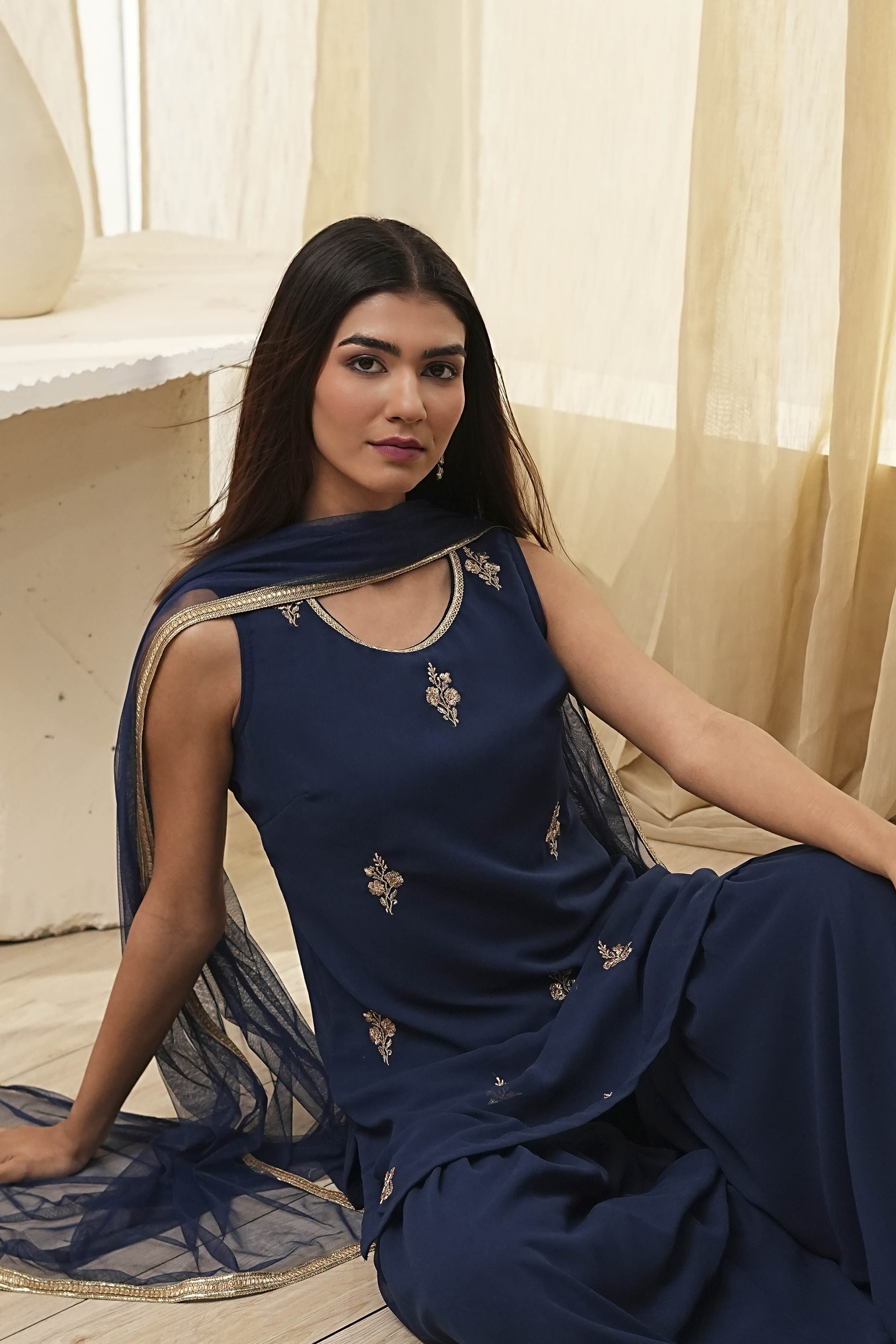 Ochre Yellow Embroidered Straight Suit Set image number 7