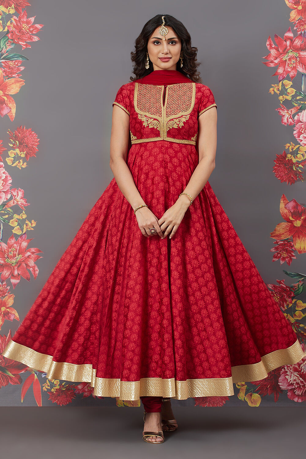 Rohit Bal Red Silk Flared Solid Suit Set image number 0