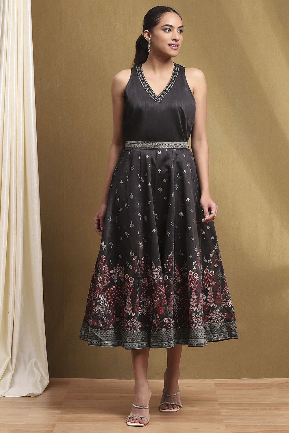 Red Dupion Floral Printed Flared Dress image number 0