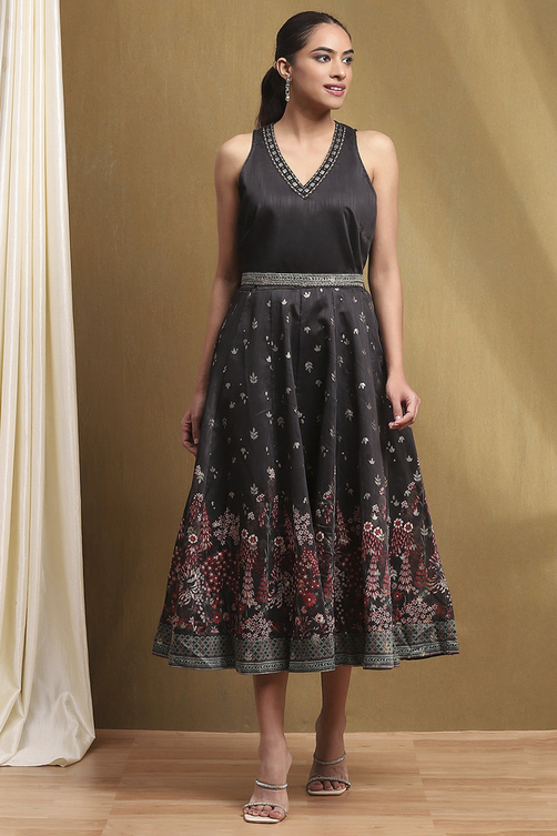 Buy Black Dupion Floral Printed Flared Dress Online at Biba India Buy Black Dupion Floral Printed Flared Dress Online at Biba India