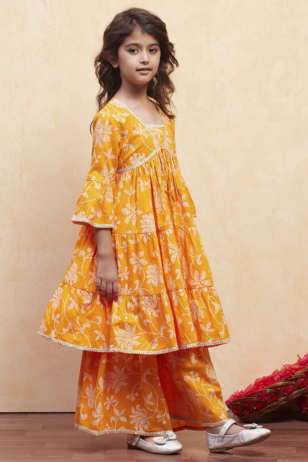 Orange Cotton Printed Tiered Kurta Set image number 5