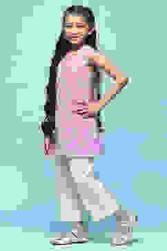 Purple Schiffli Cotton Kurta With Cropped Palazzo image number 3