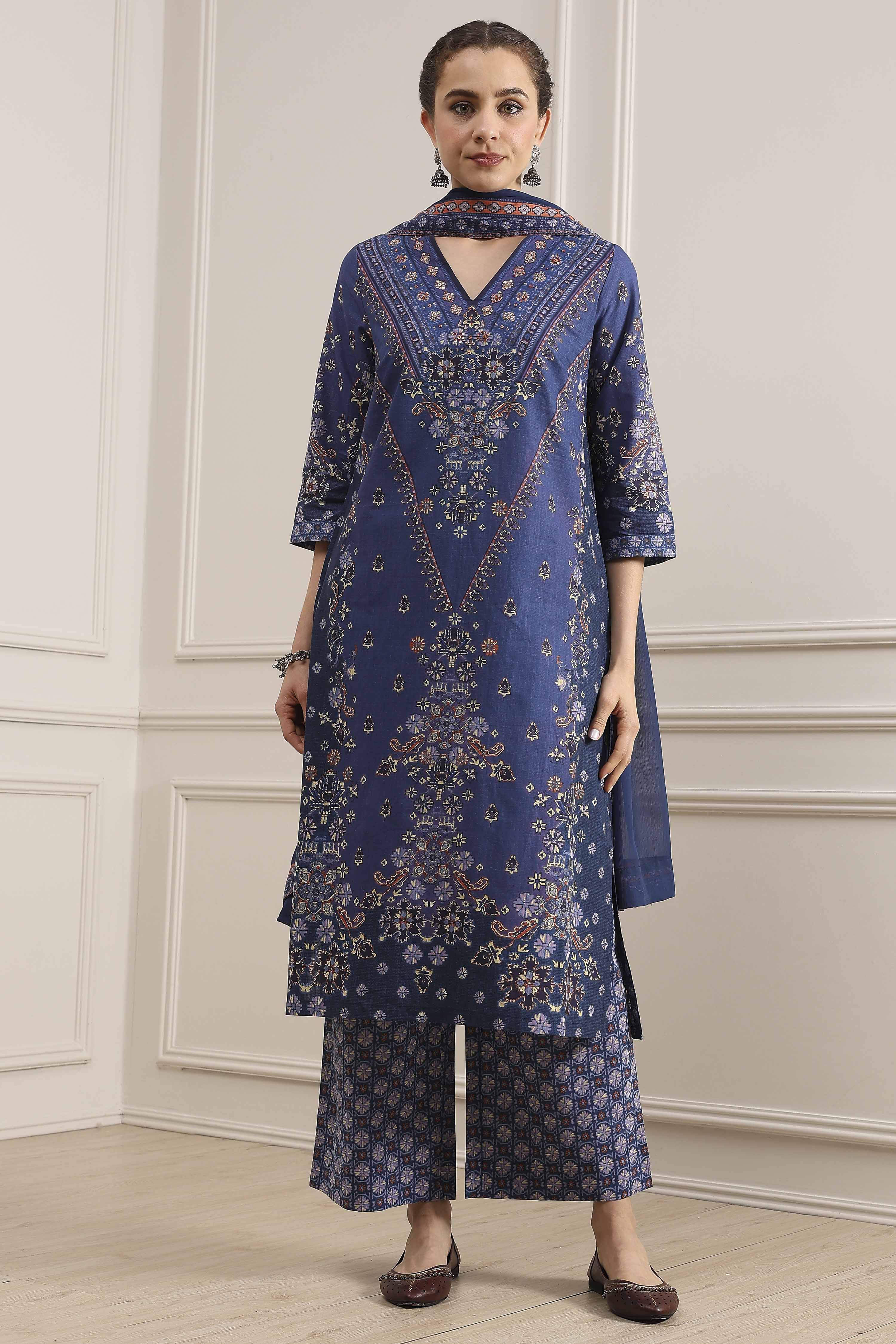 Blue Cotton Printed Straight Suit Set image number 6