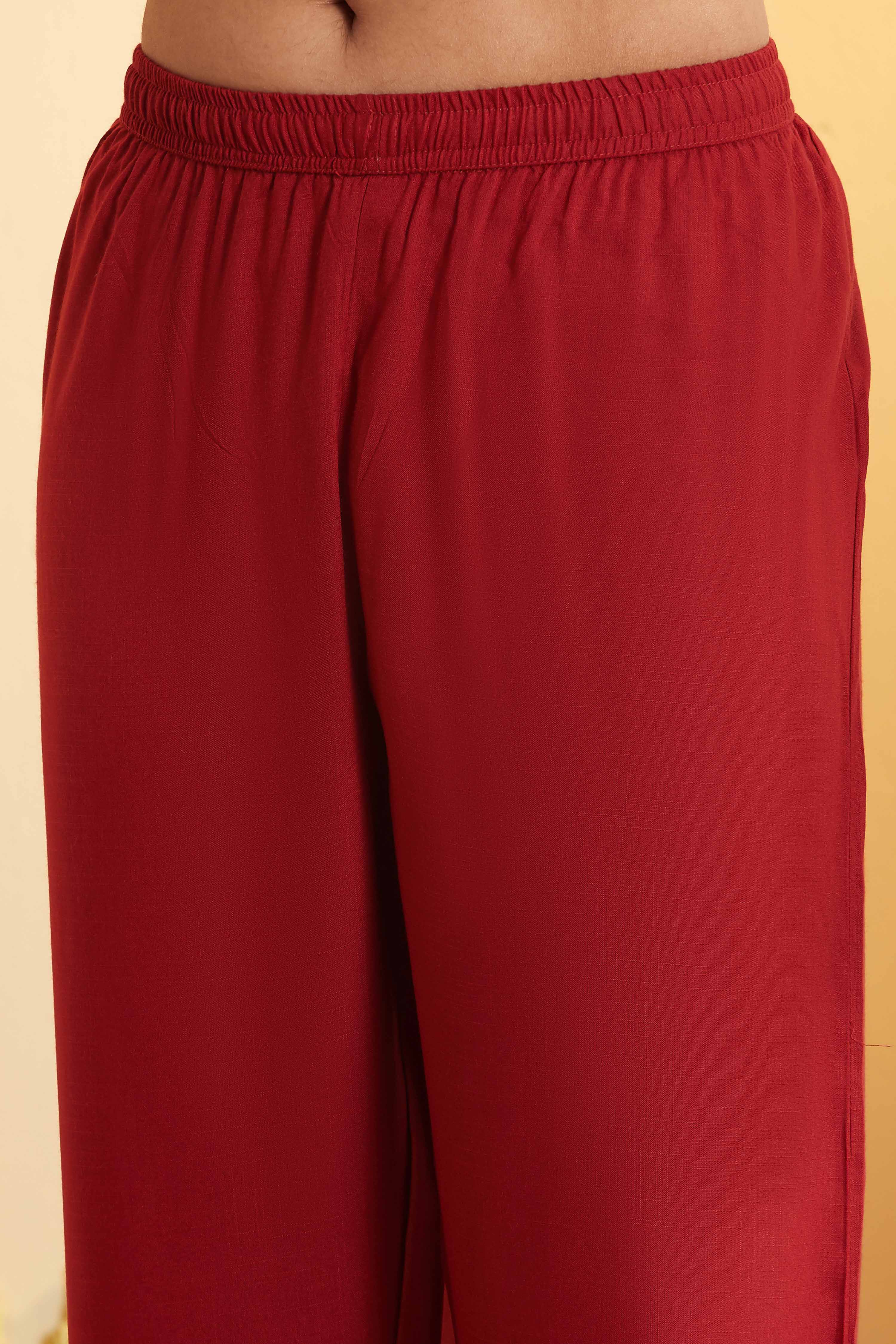 Maroon Cotton Silk Straight Suit Set image number 2