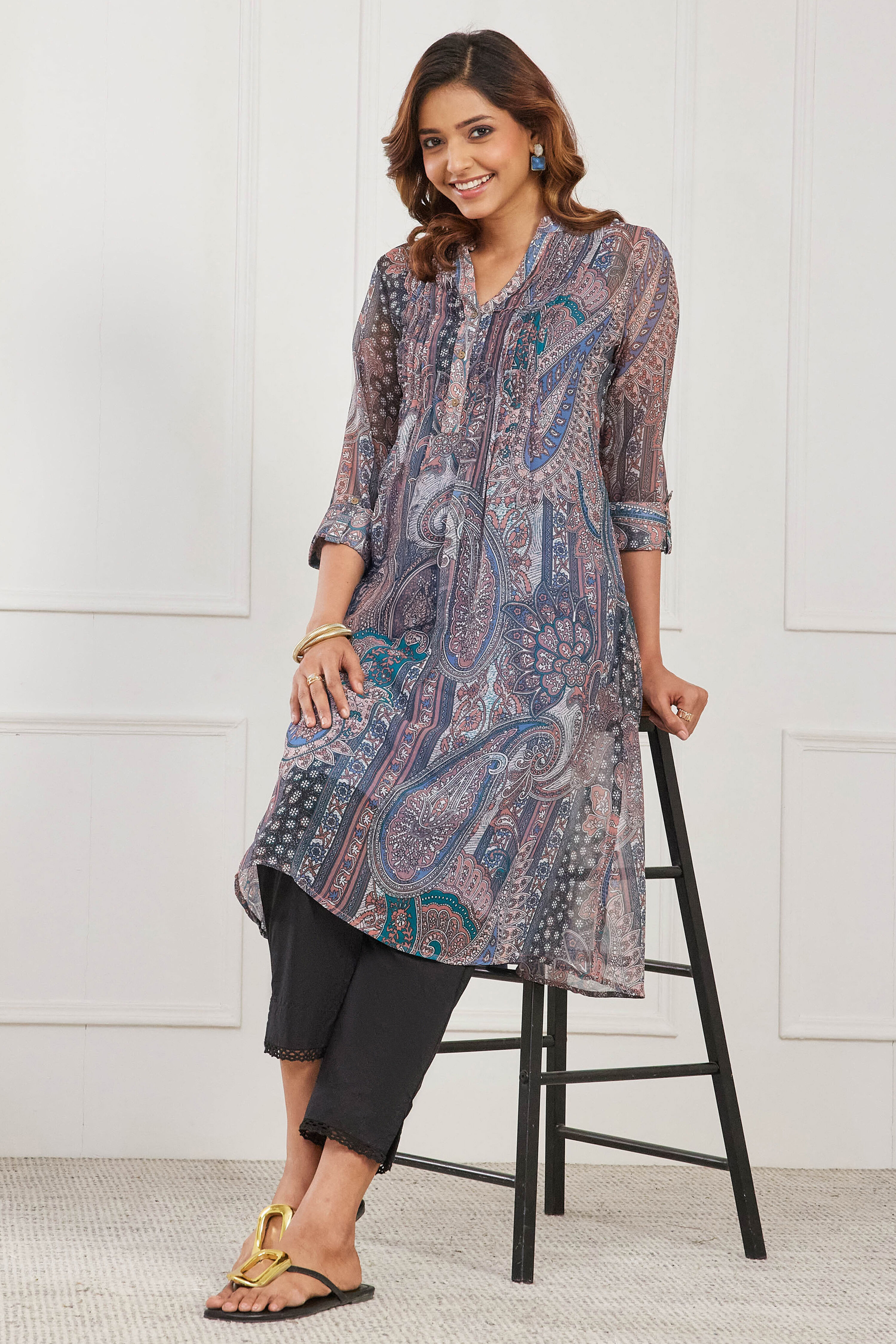 Brown Polyester Printed Straight Kurta image number 0