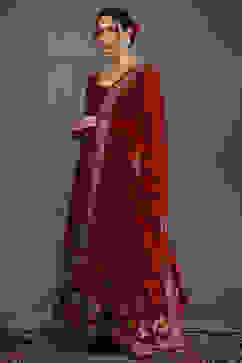 Rohit Bal Maroon Silk Chanderi Floral Anarkali Suit Set image number 2