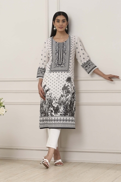 White & Black Cotton Monochrome Ethnic Motifs Straight Kurta