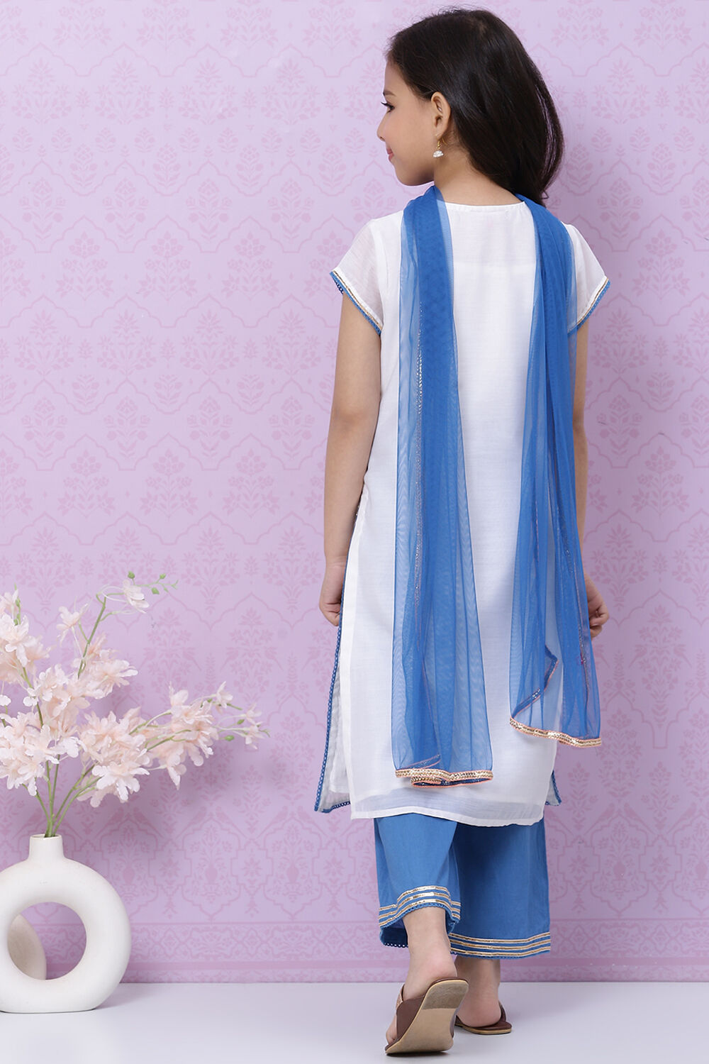White And Blue Art Silk Straight Straight Kurta Palazzo Suit Set image number 4