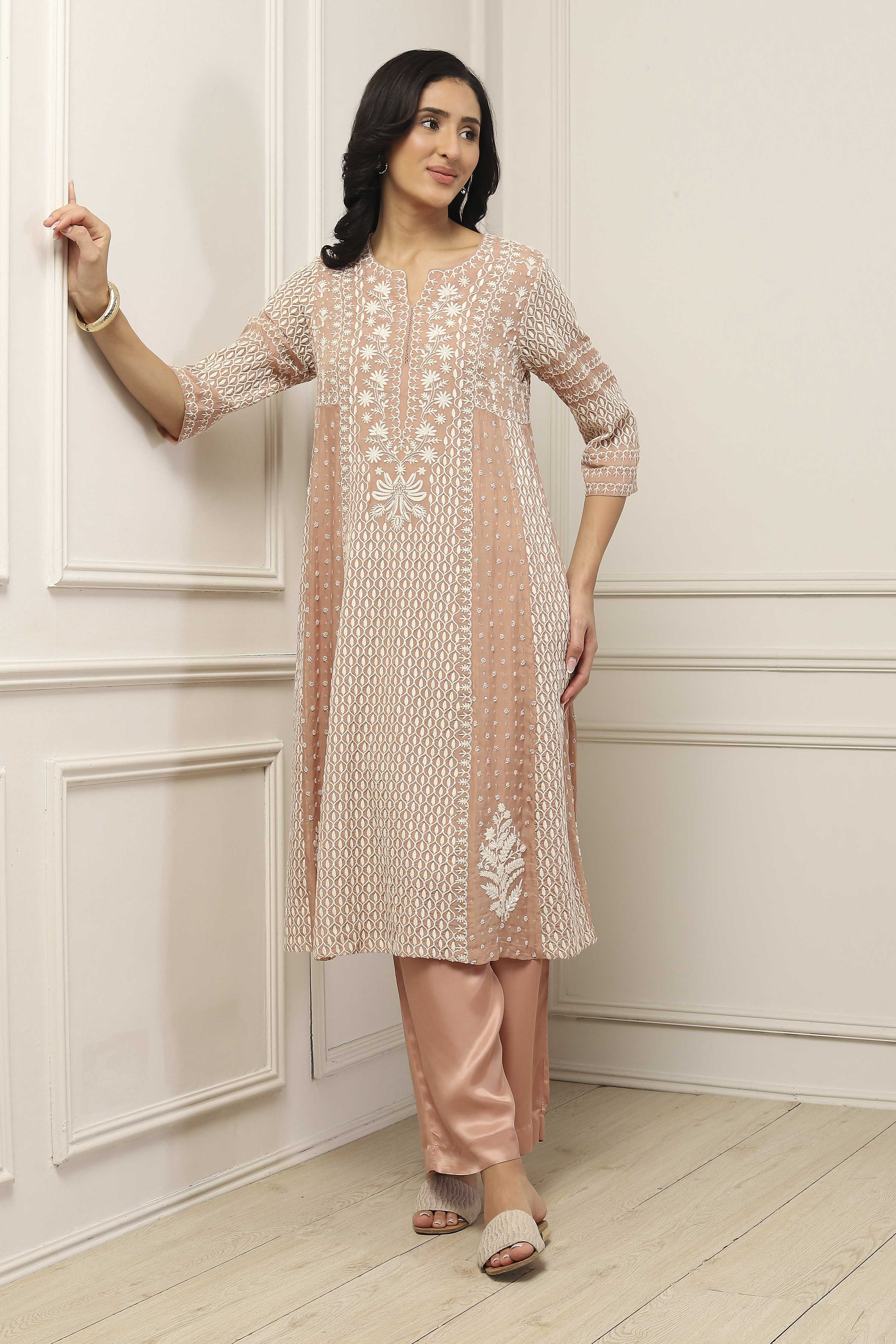 biba Beige Viscose Organza Straight Suit SetBeige Viscose Organza Straight Suit Set-picture-64