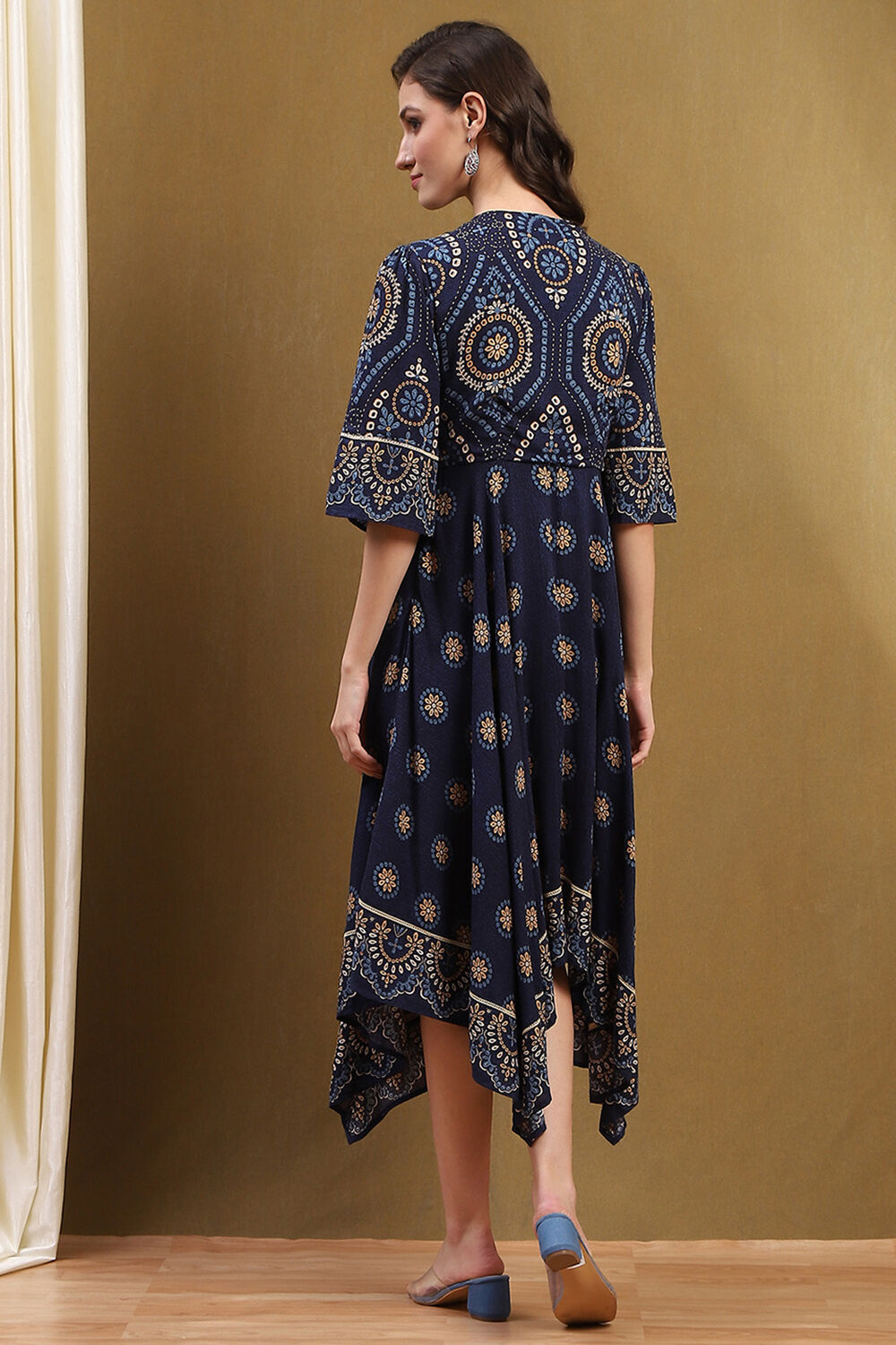 Blue Hand-Blocked Printed Handkerchief Flared Dress image number 3