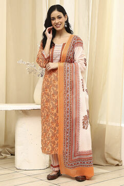Peach-Colored Cotton Screen Print Unstitched Suit Set image number 7