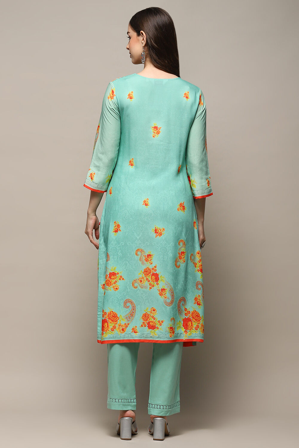 Sea Green Poly Chiffon Narrow Kurta Pant Suit Set image number 5