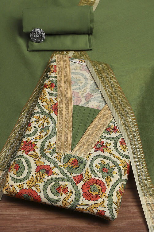 Green Tussar Digital Print Unstitched Suit Set image number 0
