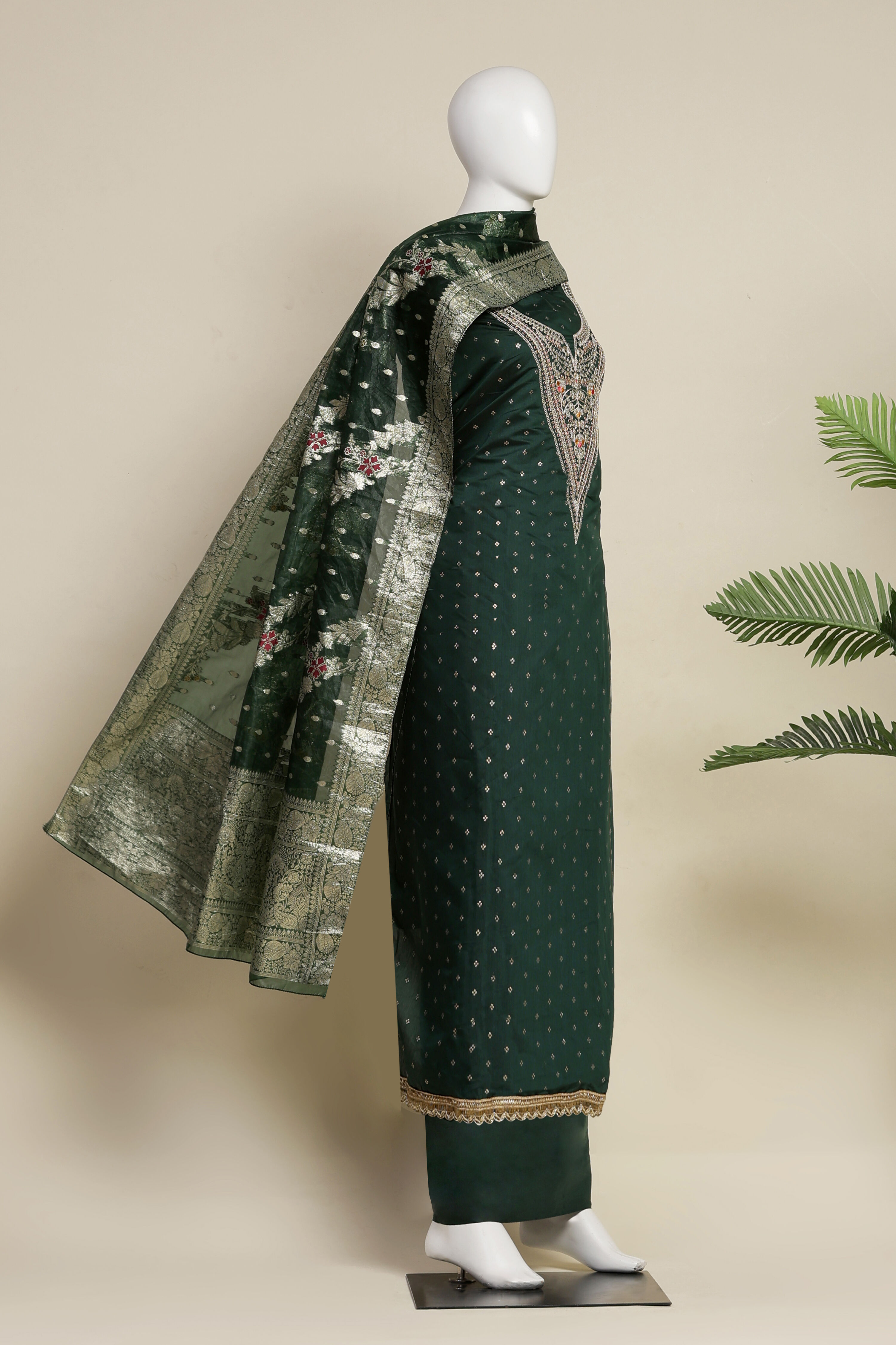 Botle Green Tissue Chanderi Embroidered Unstitched Suit Set image number 4