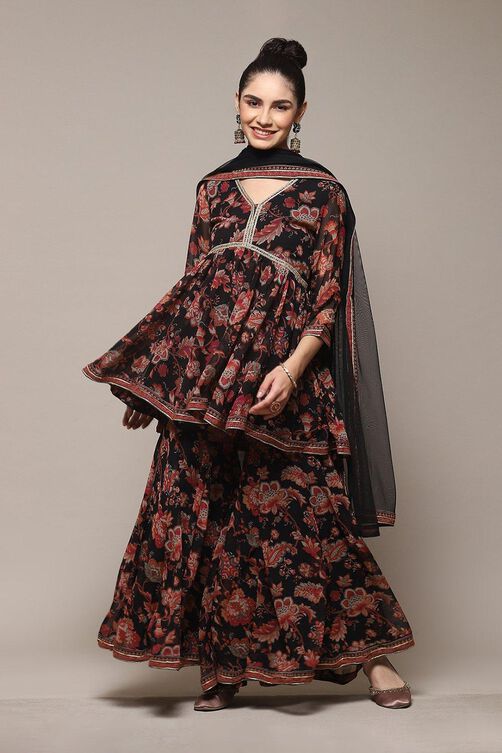 Black Floral Printed Flared Kurti & Garara Suit Set image number 0