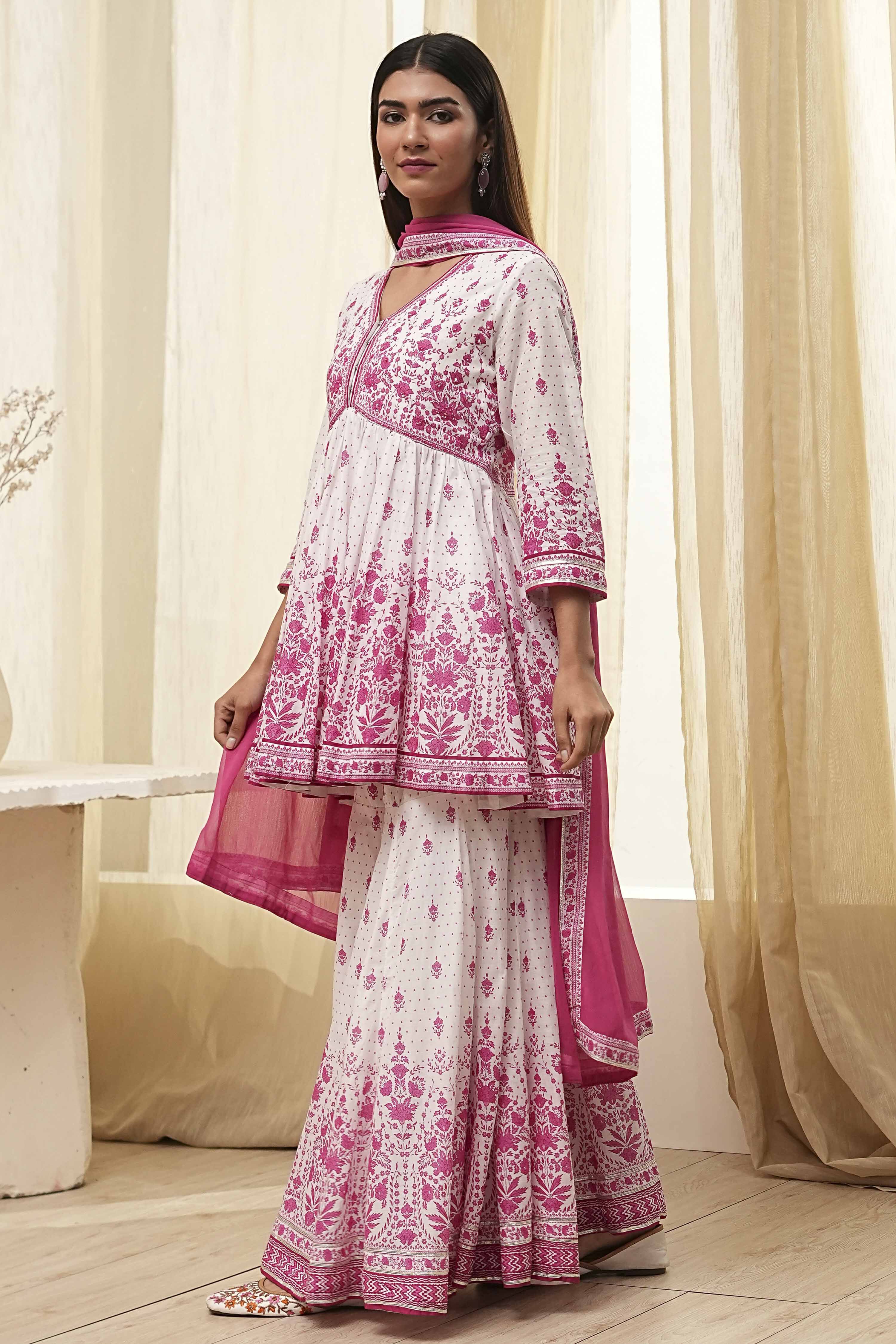 Off-White and Pink Cotton Peplum Suit Set image number 3