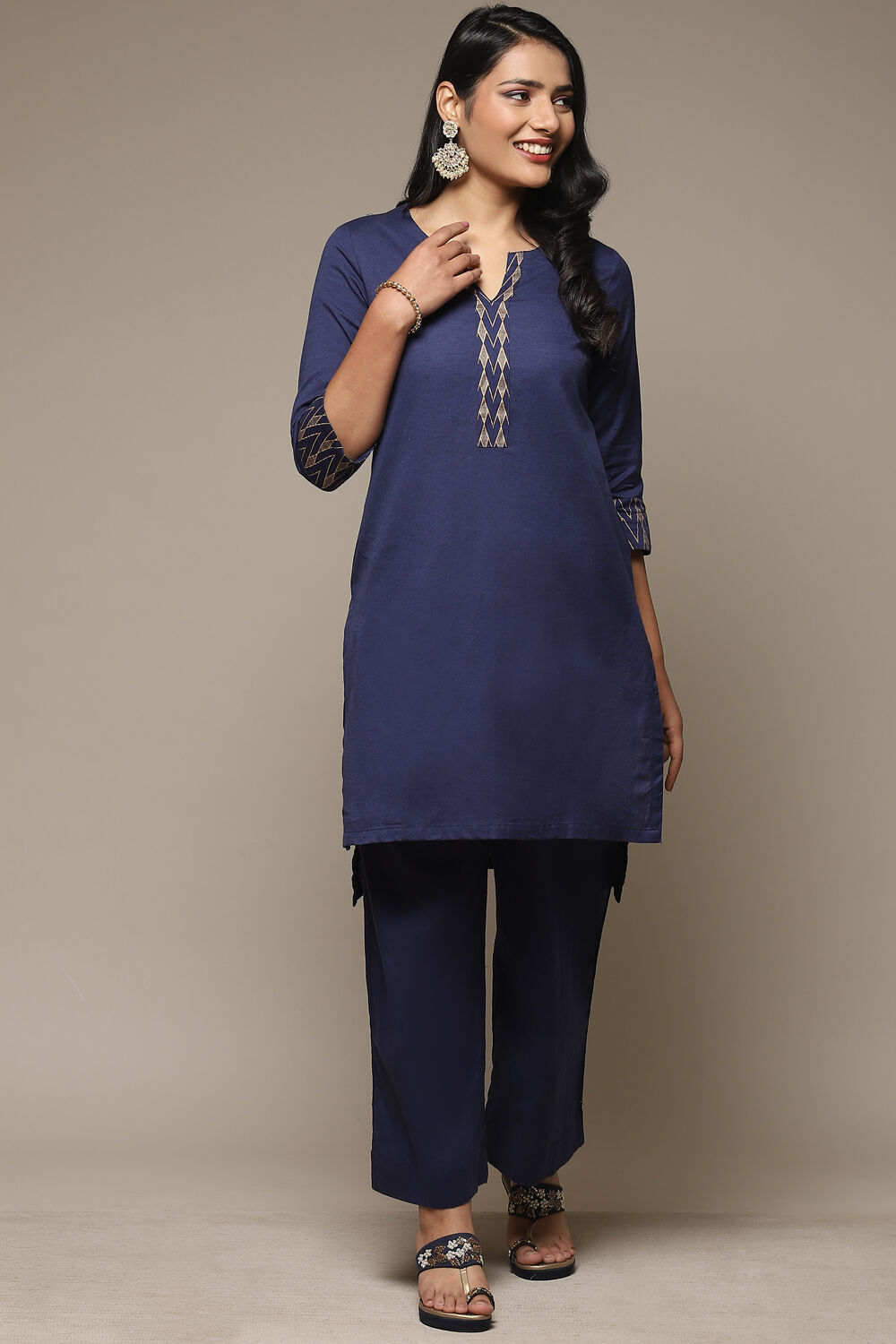 Blue Cotton Blend Straight Kurta Palazzo Suit Set image number 6