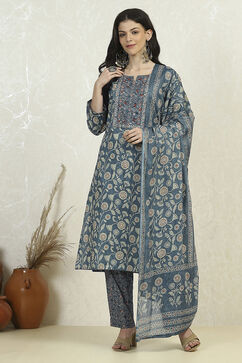 Blue Cotton Printed Embroidered Unstitched Suit Set image number 7