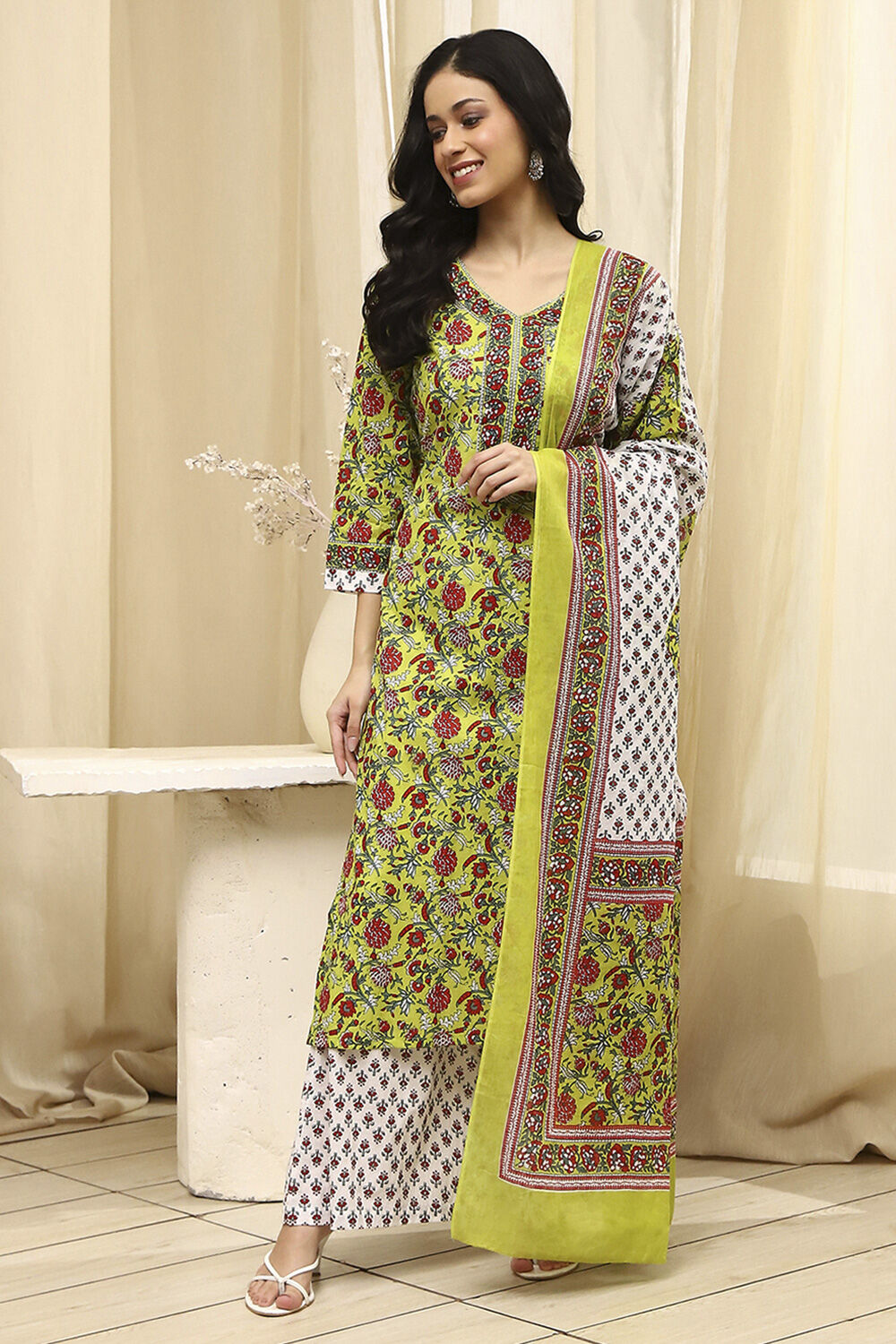 Lime Green and White Cotton Screen Print Unstitched Suit Set image number 7