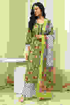 Lime Green and White Cotton Screen Print Unstitched Suit Set image number 7