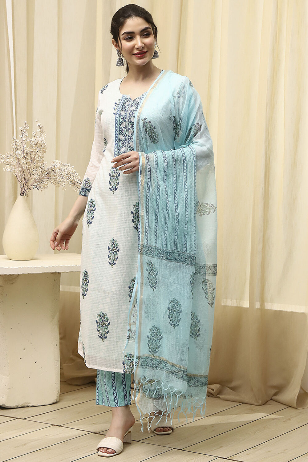 Blue Cotton Hand Block Print Unstitched Suit Set image number 2