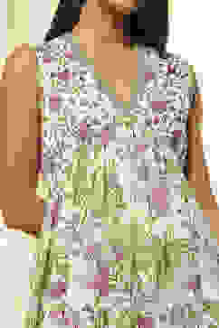 Off-White and Green Cotton Floral Tiered Dress image number 1