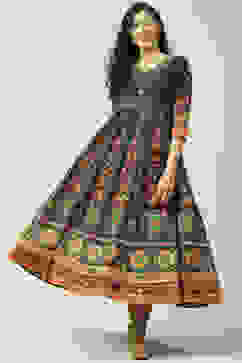 Teal Art Silk Flared Fusion Printed Dress image number 0