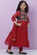 Red Art Silk Girls Flared Kurta Churidar Suit Set image number 3