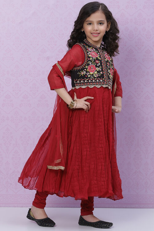 Red Art Silk Girls Flared Kurta Churidar Suit Set image number 3