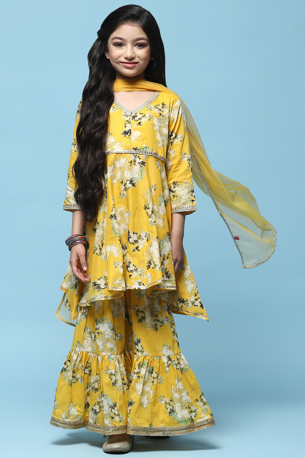 Yellow Floral Cotton Peplum Kurta Garara & Net Dupatta image number 7