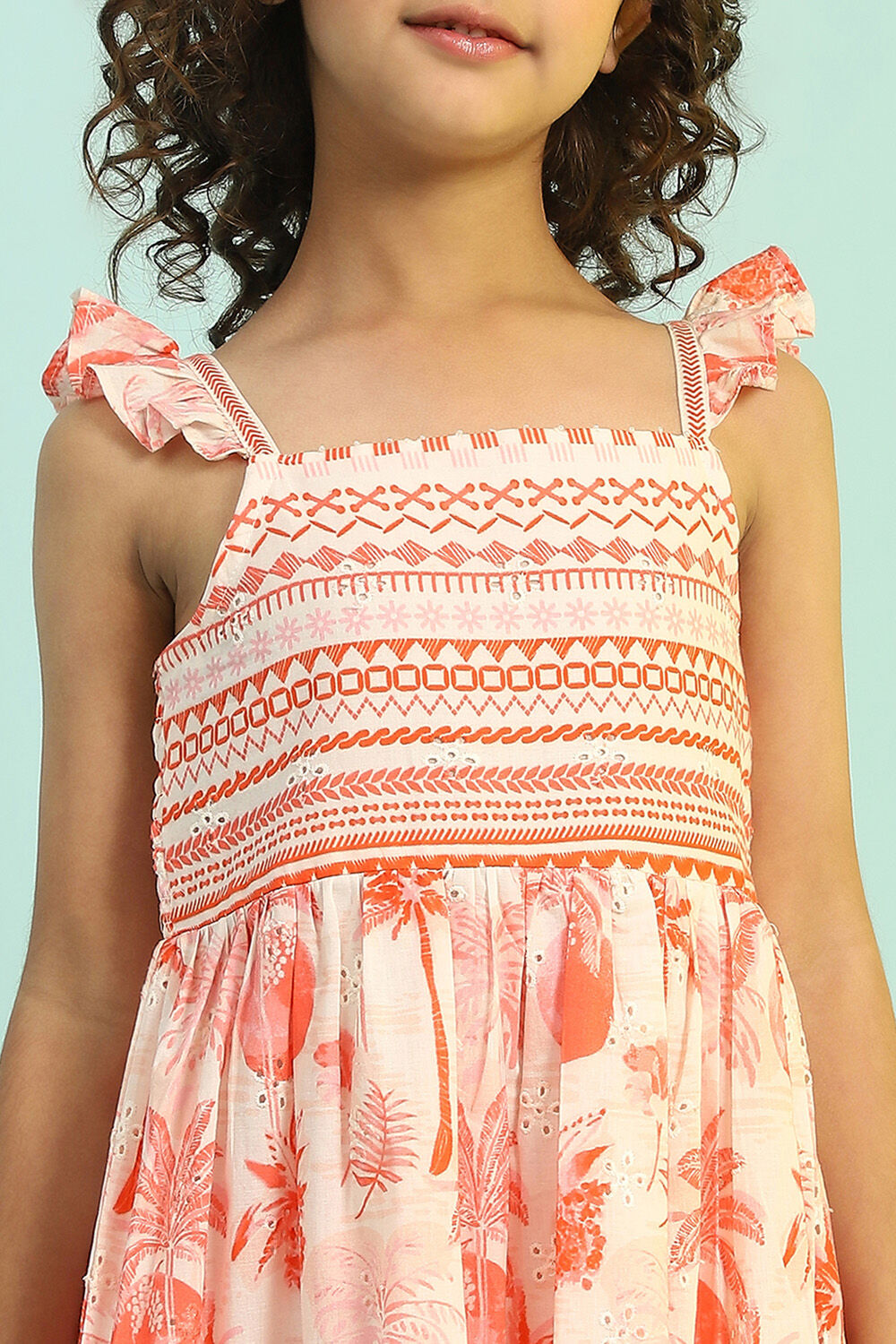 White and Orange Cotton Schiffli Tiered Dress image number 1