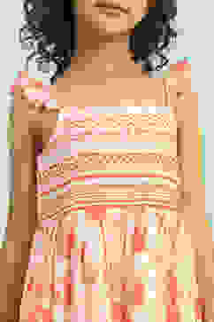 White and Orange Cotton Schiffli Tiered Dress image number 1