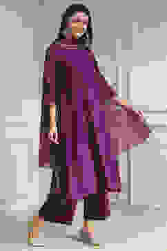 Purple Polyseter Blend Straight Printed Fusion Set image number 5