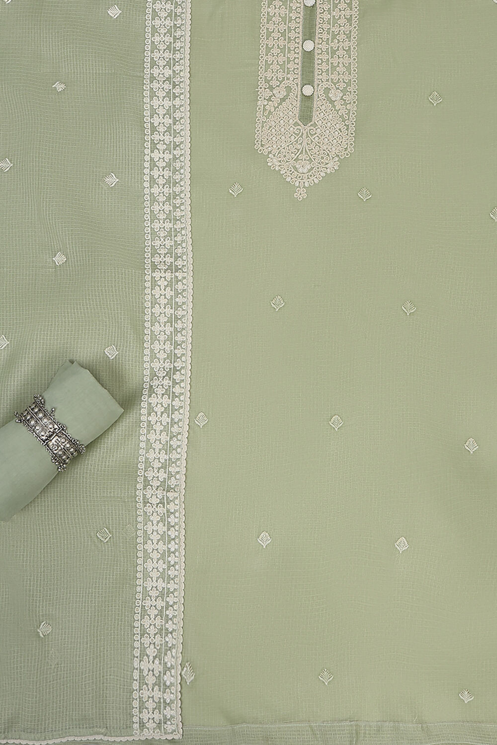 Green Cotton Embroidered Unstitched Suit Set image number 1