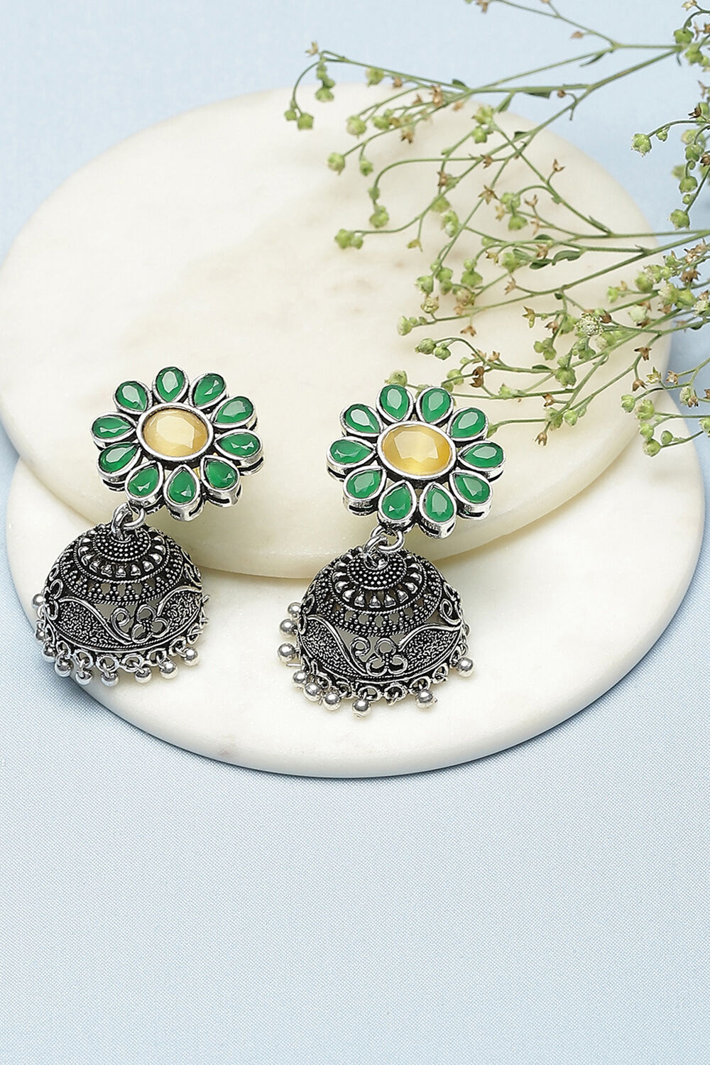 Oxidised Green Brass Earrings image number 0