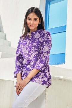 Pink & Purple LIVA Straight Printed Kurti image number 0