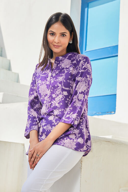 Pink & Purple LIVA Straight Printed Kurti image number 0