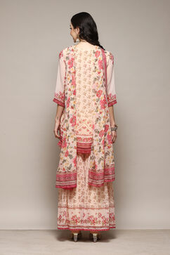 Off White Polyester Straight Printed Kurta Garara Suit Set image number 4