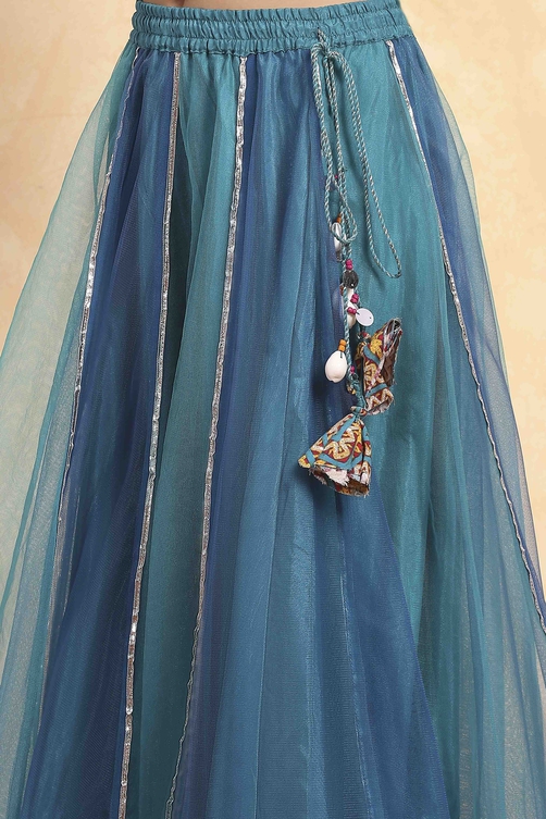 Blue Cotton Printed Kalidar Lehenga Set image number 2