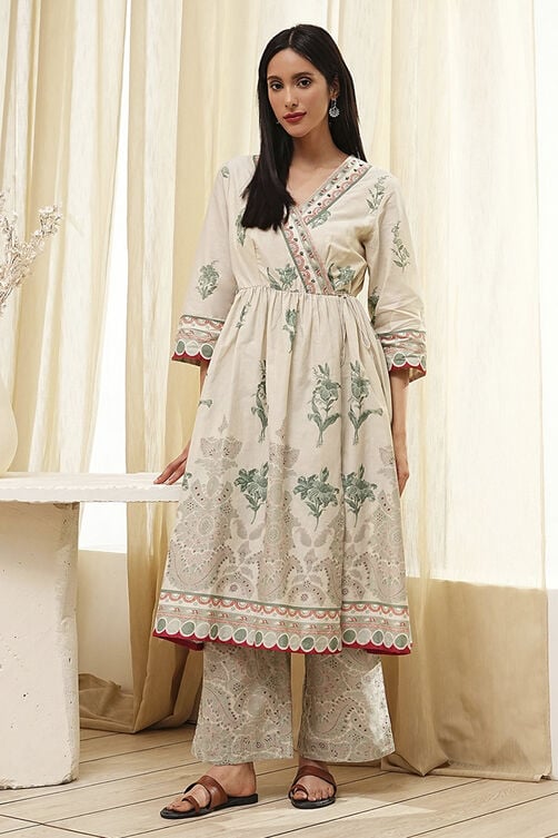 Beige and Green Cotton Angrakha Anarkali Kurta Set image number 6
