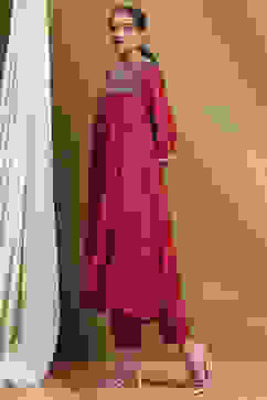 Red Modal Embroidered A-Line Kurta Set image number 3