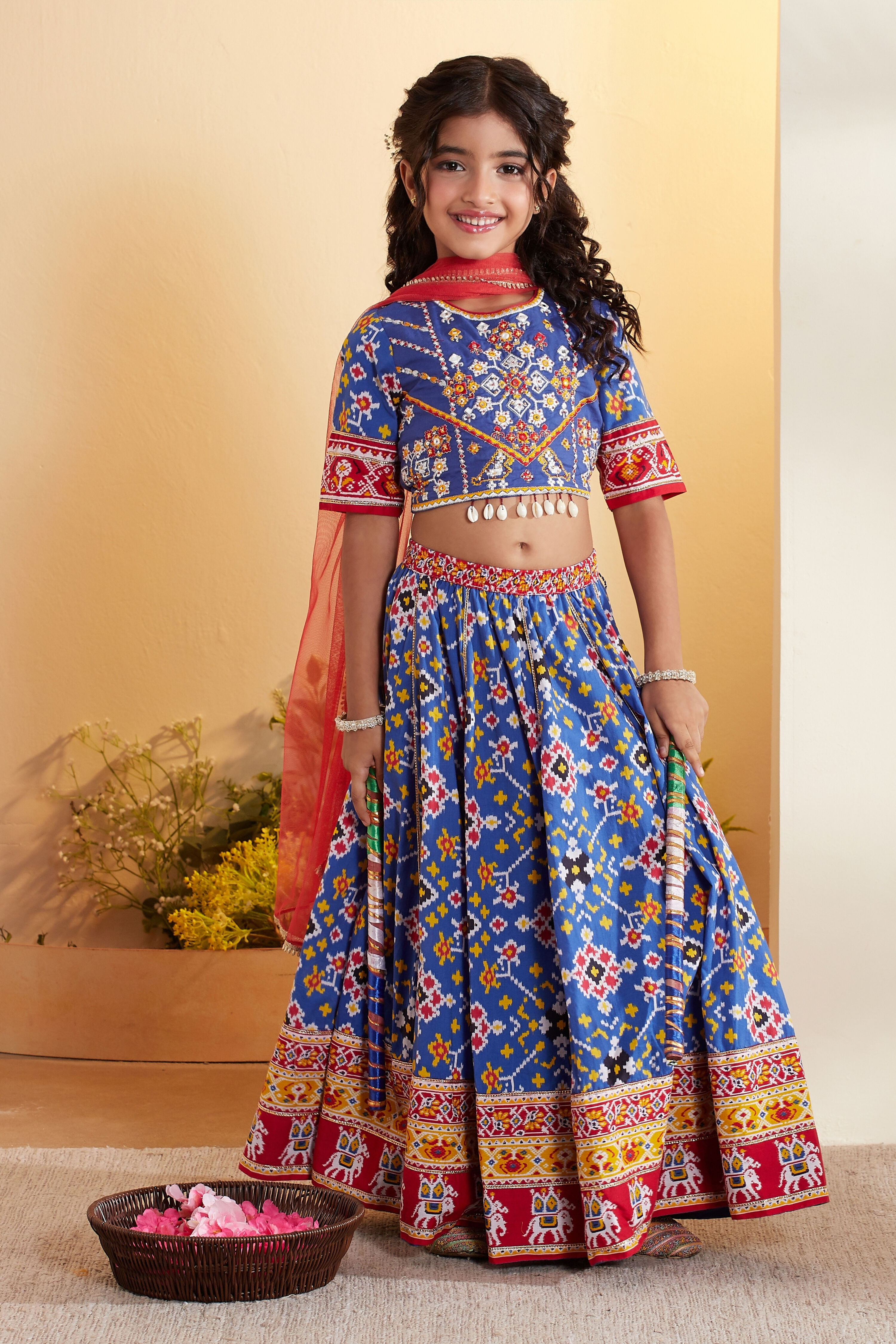 Blue Cotton Printed Kalidar Lehenga Set image number 0