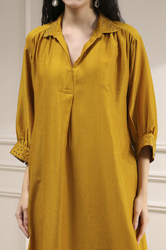 Ochre Yellow Polyester A-Line Dyed Kurta Pants Set image number 1