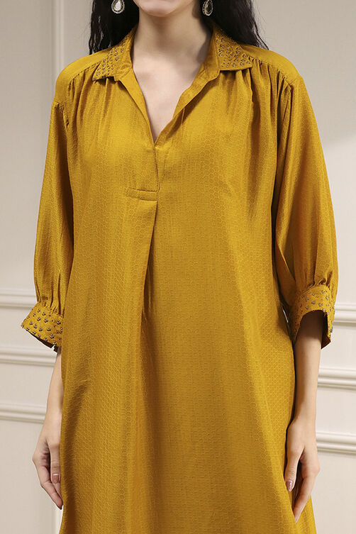Ochre Yellow Polyester A-Line Dyed Kurta Pants Set image number 1